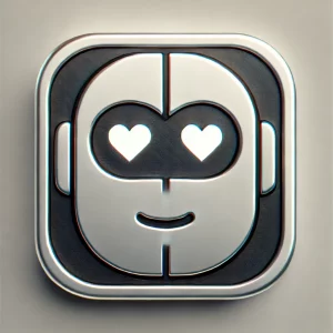 A closeup square image of a sleek modern robots face with heart eyes.