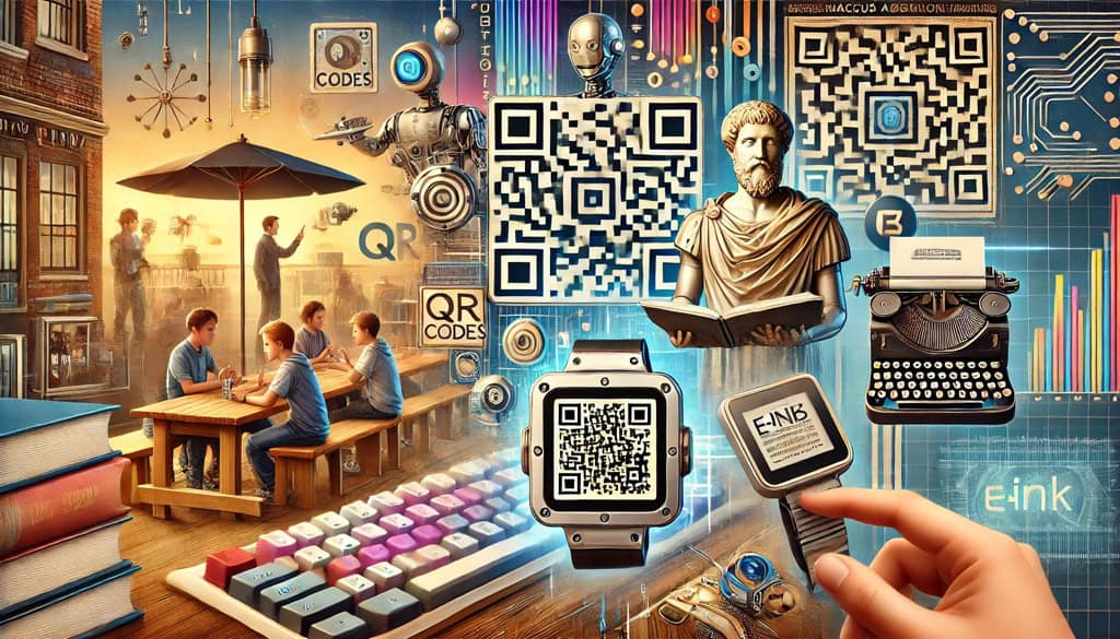 An image of old technologies being used in modern day tech. Include e-ink, qr codes, and a picture of a statue of Marcus Aurelius.