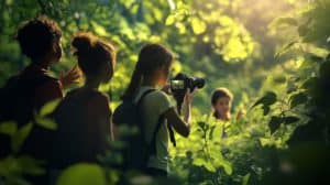 An photo of teens in a natural setting taking photos, representing the CIC challenge and activating our youth in climate change education.