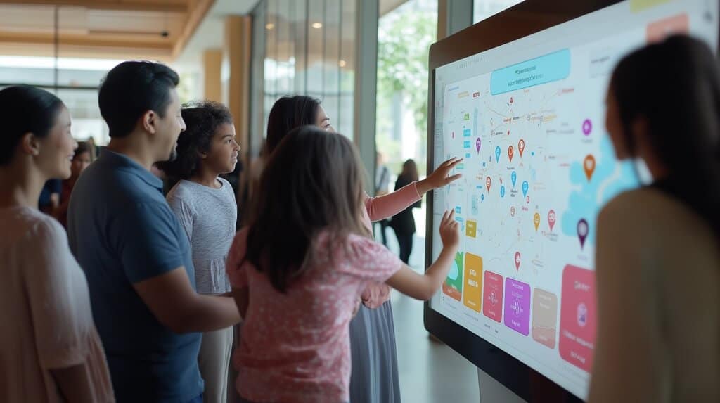 Families around a digital screen showing childcare options on a map.