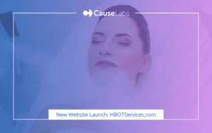 HBOT Services website launch graphic featuring a woman being misted with oxygen.