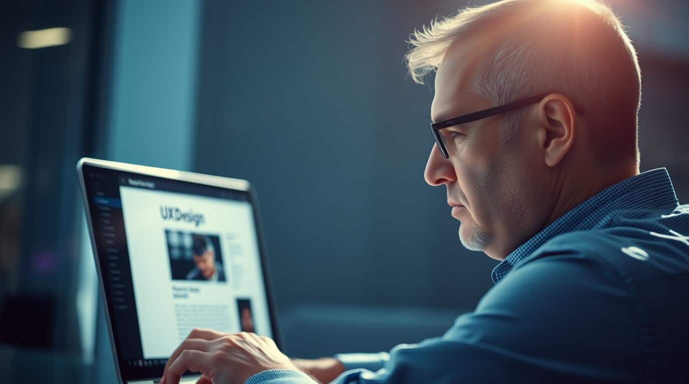 An older caucasian man reading a blog about UX Design on a laptop.