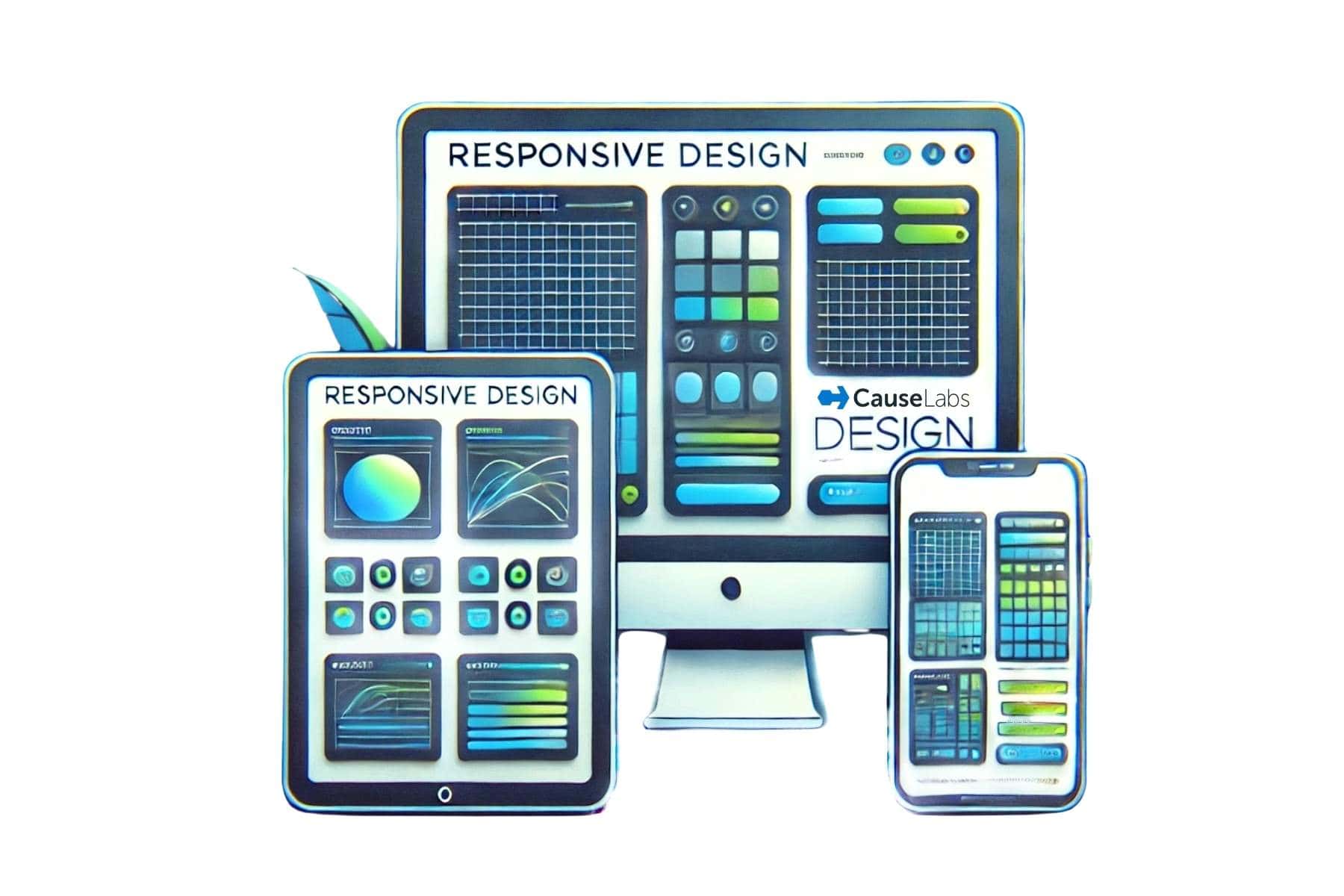 Illustration of a desktop, tablet and mobile device to showcase responsive design breakpoints for digital success.