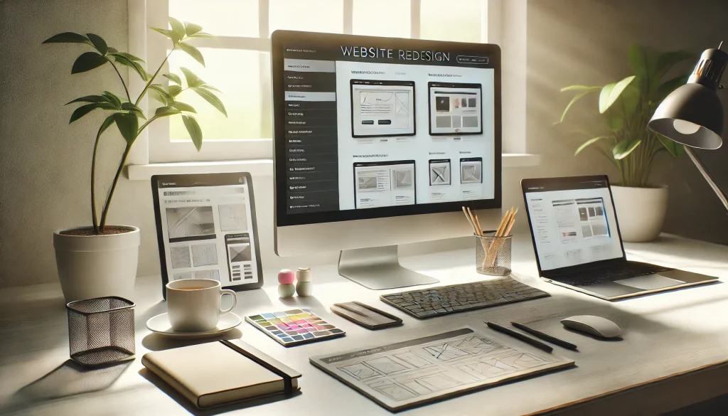 A computer on a desk displaying the words website redesign.