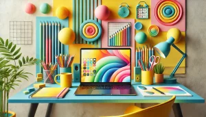 An illustration of a colorful workspace and laptop evoking eq for a website redesign.