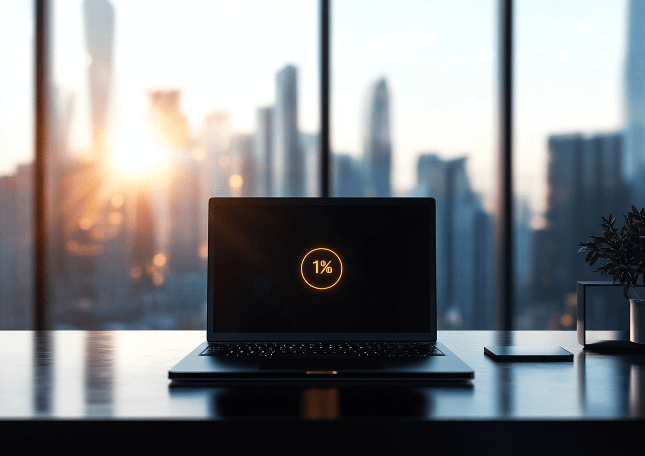 Laptop on an office desk showing slow page load times with a loading spinner and 1% loaded.