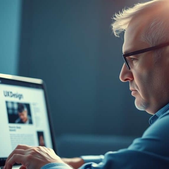 An older caucasian man reading a blog about UX Design on a laptop.