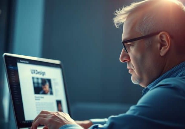 An older caucasian man reading a blog about UX Design on a laptop.