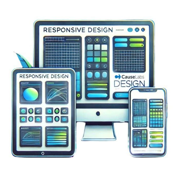 Illustration of a desktop, tablet and mobile device to showcase responsive design breakpoints for digital success.