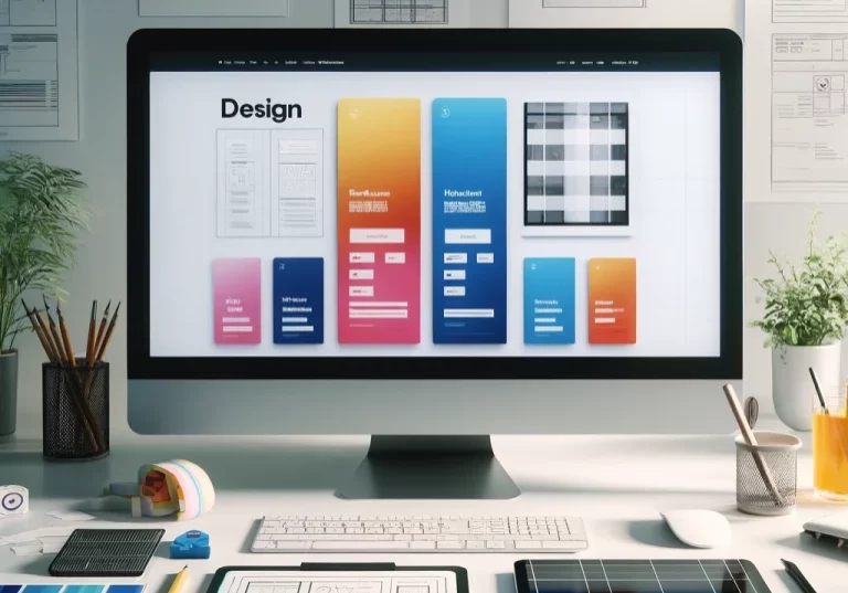 A clean digital web designers office with a computer and color swatches on the desk.