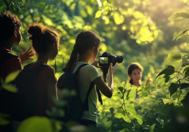 An photo of teens in a natural setting taking photos, representing the CIC challenge and activating our youth in climate change education.