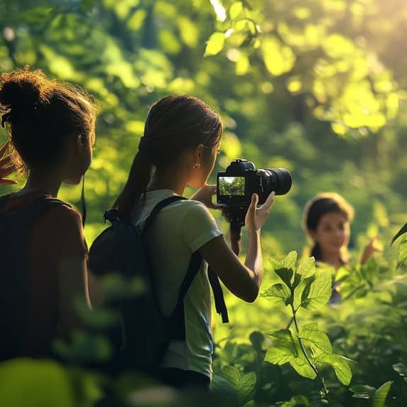 An photo of teens in a natural setting taking photos, representing the CIC challenge and activating our youth in climate change education.