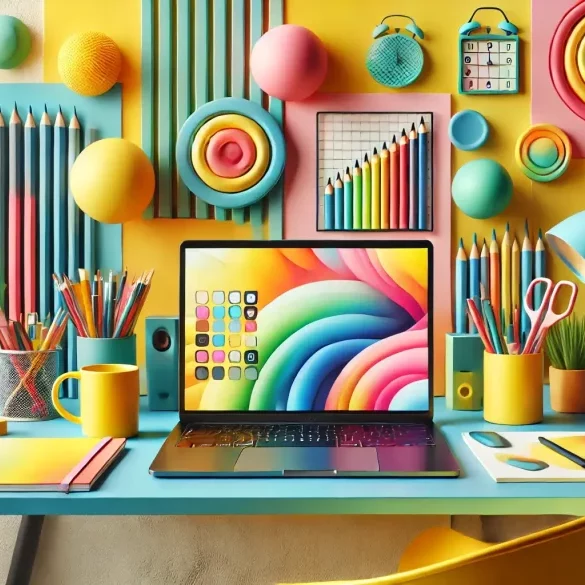 An illustration of a colorful workspace and laptop evoking eq for a website redesign.