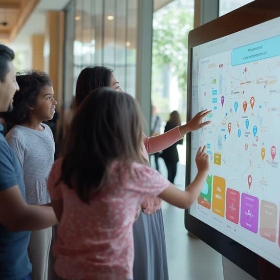 Families around a digital screen showing childcare options on a map.