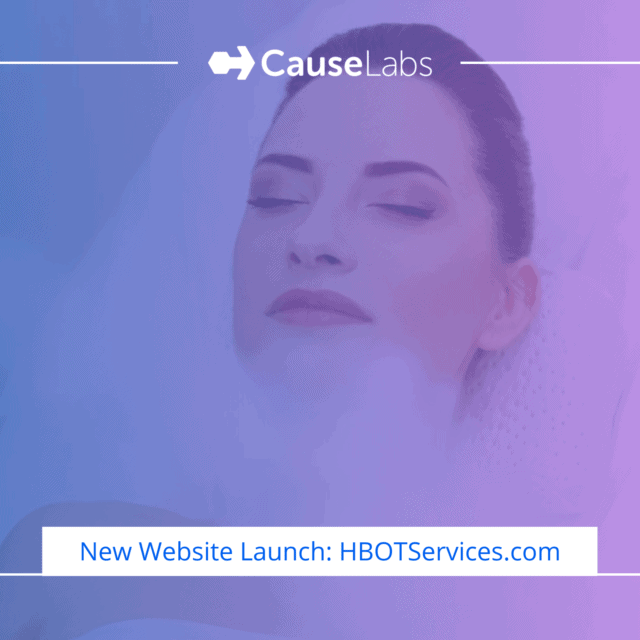 HBOT Services website launch graphic featuring a woman being misted with oxygen.