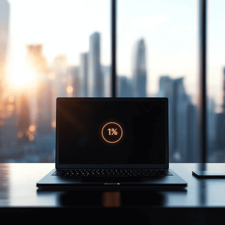 Laptop on an office desk showing slow page load times with a loading spinner and 1% loaded.