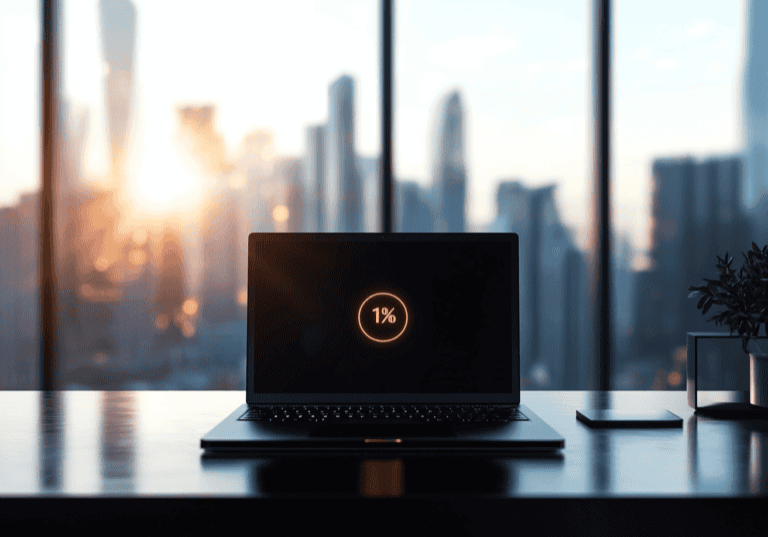 Laptop on an office desk showing slow page load times with a loading spinner and 1% loaded.