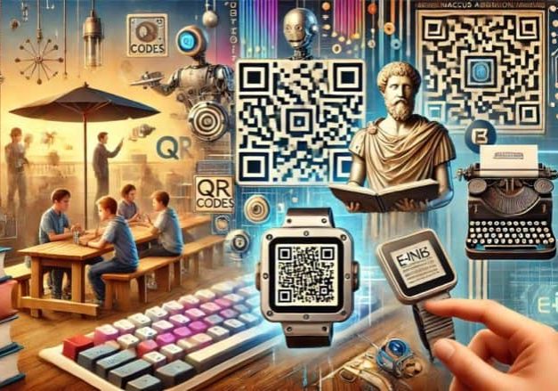An image of old technologies being used in modern day tech. Include e-ink, qr codes, and a picture of a statue of Marcus Aurelius.