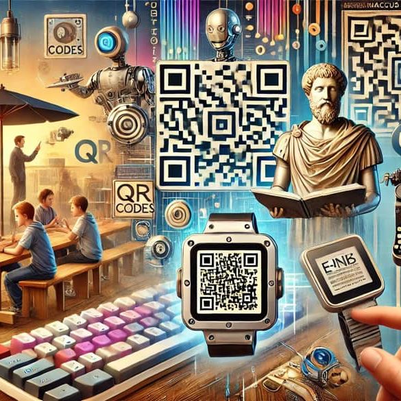 An image of old technologies being used in modern day tech. Include e-ink, qr codes, and a picture of a statue of Marcus Aurelius.